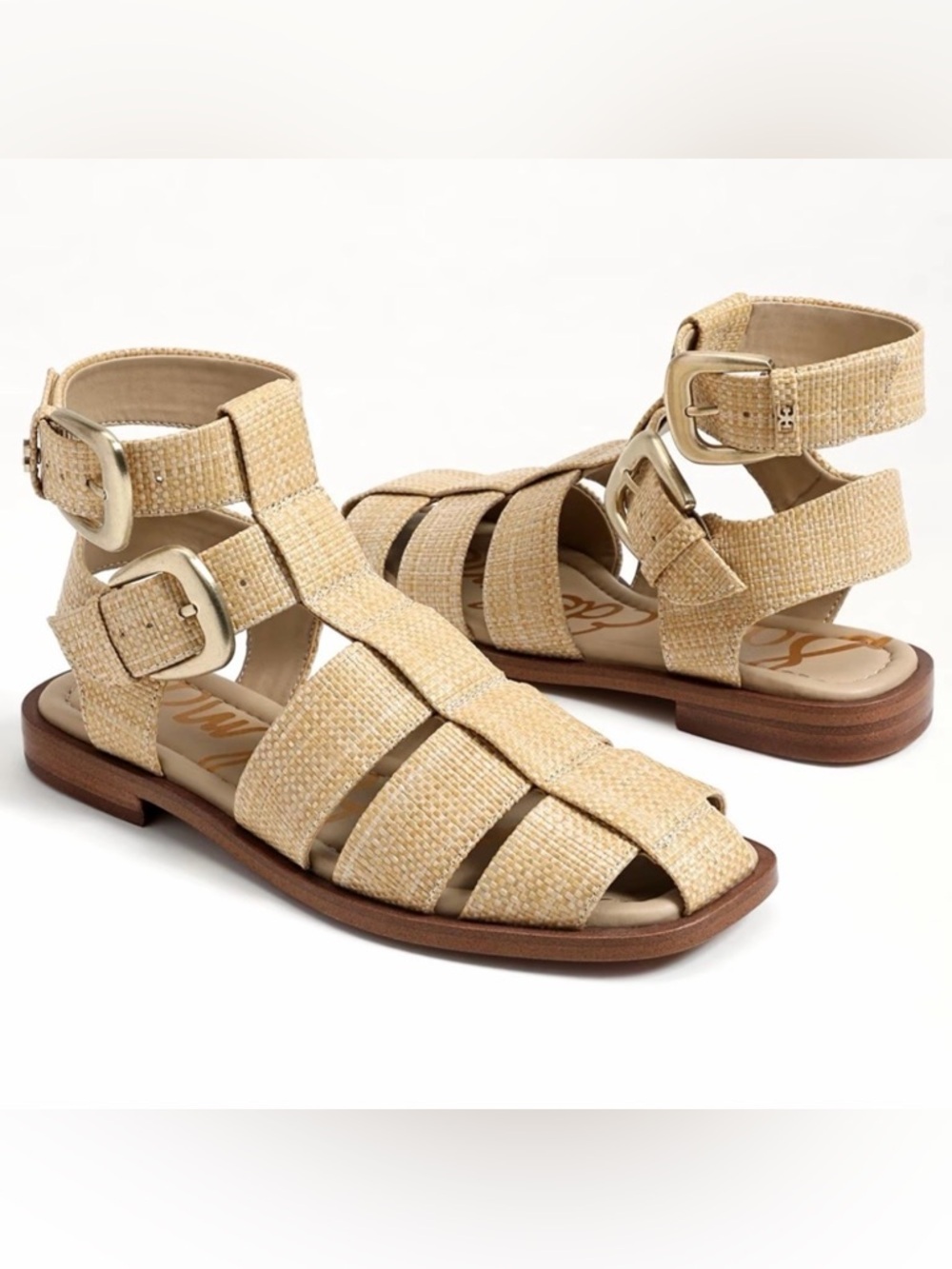 NWT Sam Edelman Dawn Bleached Beachwood Weave Double Buckle Ankle Sandals-Sz 7.5